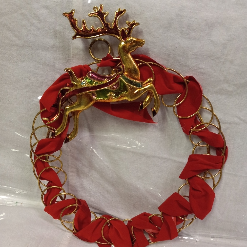 Vintage Metal Christmas Wreath with Large Reindeer, Laced in red
